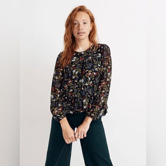 Madewell Sheer-Sleeve Ruffle Peplum Top in Finch Floral. Small. - Picture 2 of 10